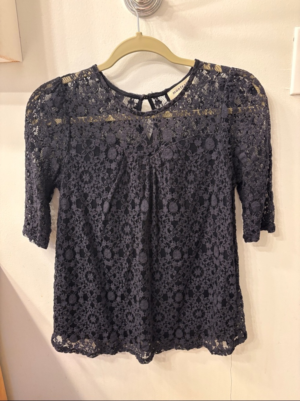 Monteau Navy Floral Lace Short Sleeve Blouse